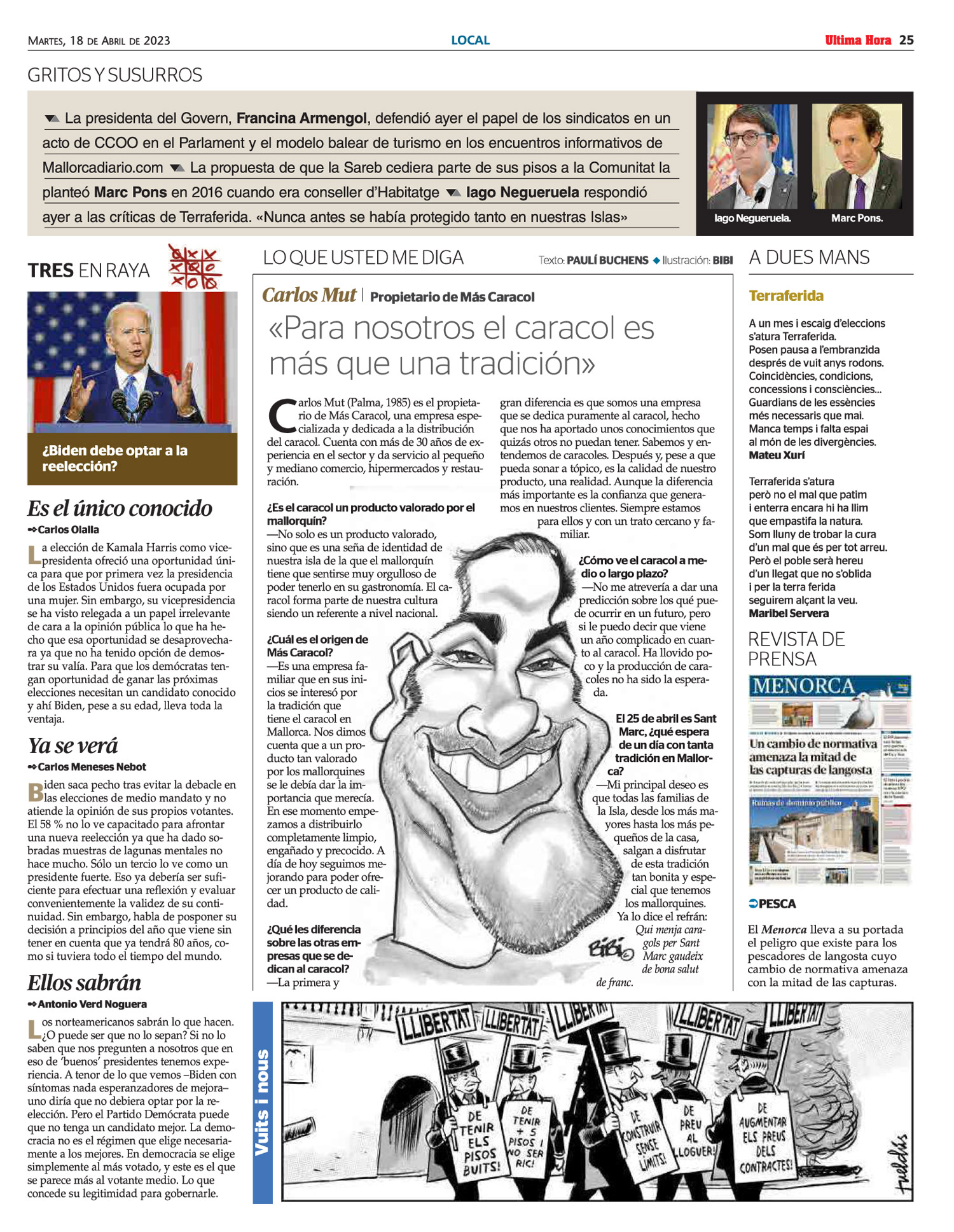 Entrevista a Carlos Mut con ilustración caricaturizada por Bibi en Ultima Hora 2023